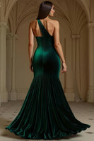 Load image into Gallery viewer, Dark Green One Shoulder Velvet Mermaid Long Formal Dress with Slit