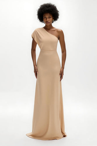 Champagne Sheath Satin One Shoulder Long Formal Dress