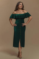 Load image into Gallery viewer, Dark Green Off the Shoulder Sheath Long Formal Dress with Slit