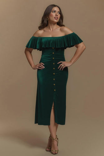 Dark Green Off the Shoulder Sheath Long Formal Dress with Slit