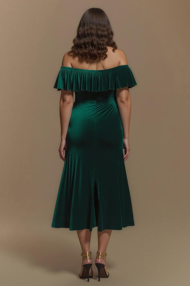 Load image into Gallery viewer, Dark Green Off the Shoulder Sheath Long Formal Dress with Slit