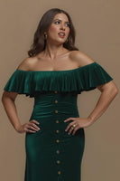 Load image into Gallery viewer, Dark Green Off the Shoulder Sheath Long Formal Dress with Slit