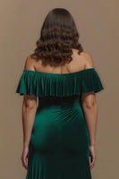 Load image into Gallery viewer, Dark Green Off the Shoulder Sheath Long Formal Dress with Slit