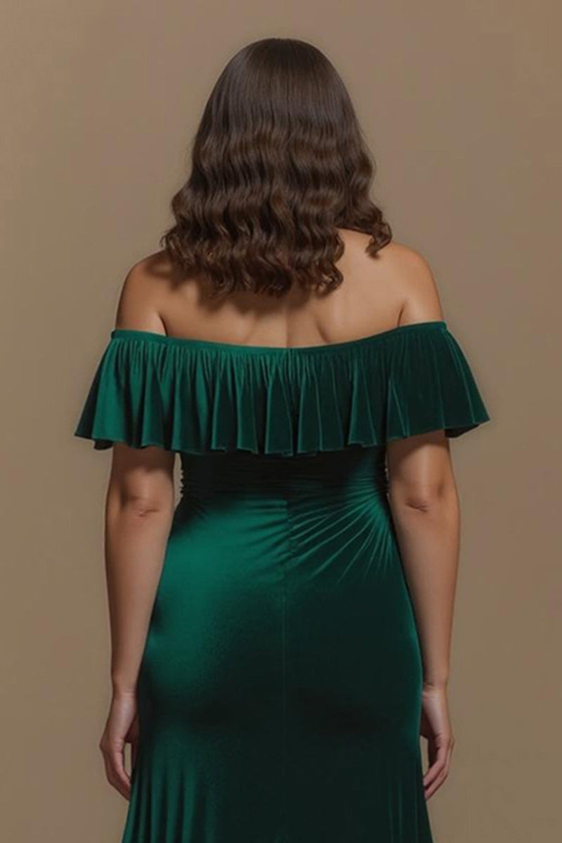 Load image into Gallery viewer, Dark Green Off the Shoulder Sheath Long Formal Dress with Slit