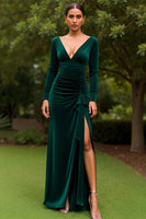 Load image into Gallery viewer, Dark Green Sheath Velvet Long Formal Dress with Slit