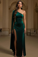 Load image into Gallery viewer, Dark Green Sheath One Shoulder Long Formal Dress with Slit