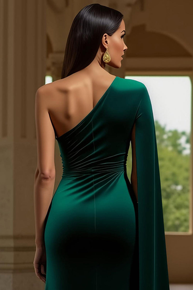Load image into Gallery viewer, Dark Green Sheath One Shoulder Long Formal Dress with Slit