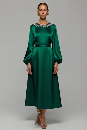 Dark Green Satin A Line Long Formal Dress with Sleeves