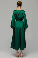 Load image into Gallery viewer, Dark Green Satin A Line Long Formal Dress with Sleeves