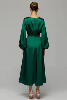 Dark Green Satin A Line Long Formal Dress with Sleeves