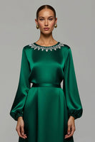 Load image into Gallery viewer, Dark Green Satin A Line Long Formal Dress with Sleeves