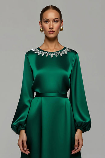 Dark Green Satin A Line Long Formal Dress with Sleeves