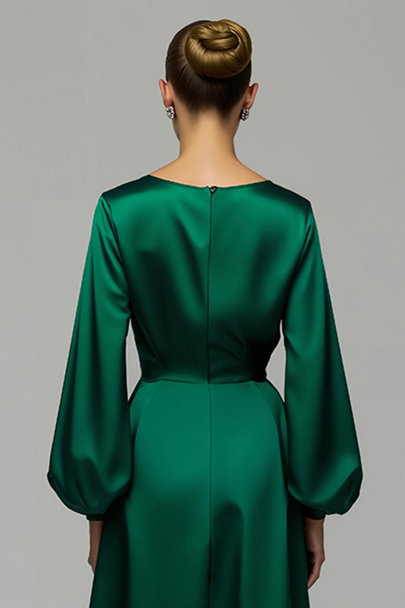 Load image into Gallery viewer, Dark Green Satin A Line Long Formal Dress with Sleeves