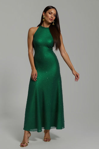 Sparkly Dark Green High Neck Sheath Long Formal Dress