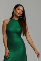 Load image into Gallery viewer, Sparkly Dark Green High Neck Sheath Long Formal Dress