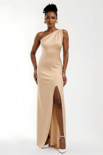 Champagne One Shoulder Satin Long Formal Dress with Slit