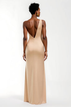 Champagne One Shoulder Satin Long Formal Dress with Slit