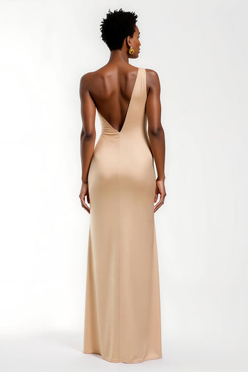 Champagne One Shoulder Satin Long Formal Dress with Slit