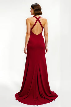 Red Satin A-Line Long Formal Dress with Slit