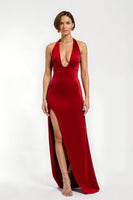 Load image into Gallery viewer, Red V-Neck Satin Sheath Long Formal Dress with Slit