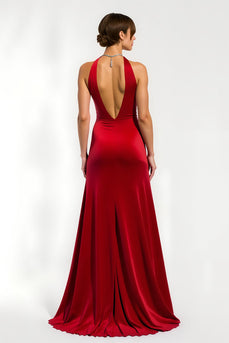 Red V-Neck Satin Sheath Long Formal Dress with Slit