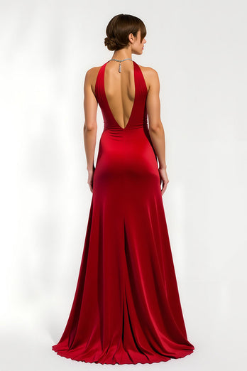 Red V-Neck Satin Sheath Long Formal Dress with Slit