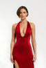 Load image into Gallery viewer, Red V-Neck Satin Sheath Long Formal Dress with Slit