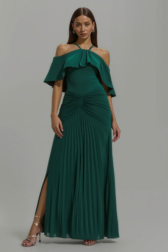 Dark Green Pleated Long A-Line Formal Dress with Ruffles