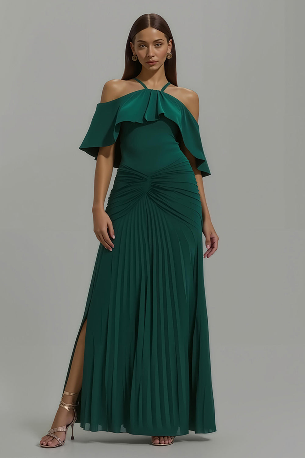 Dark Green Pleated Long A-Line Formal Dress with Ruffles
