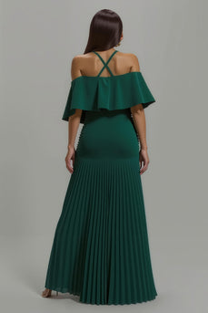 Dark Green Pleated Long A-Line Formal Dress with Ruffles
