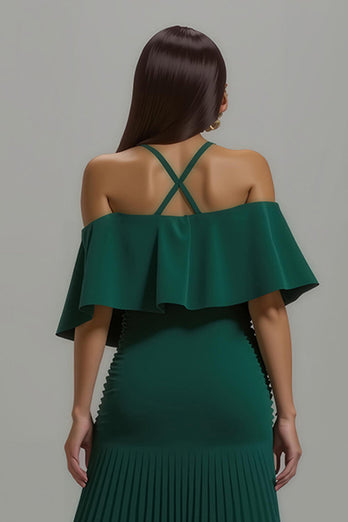 Dark Green Pleated Long A-Line Formal Dress with Ruffles