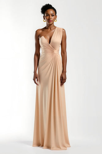 Champagne Satin One Shoulder Ruched A-Line Long Formal Dress