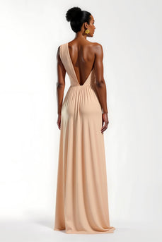 Champagne Satin One Shoulder Ruched A-Line Long Formal Dress
