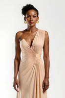 Load image into Gallery viewer, Champagne Satin One Shoulder Ruched A-Line Long Formal Dress