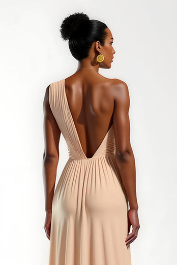 Champagne Satin One Shoulder Ruched A-Line Long Formal Dress