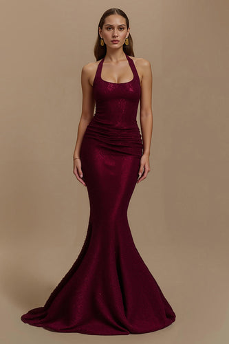 Burgundy Halter Sequin Mermaid Long Formal Dress