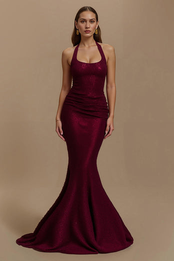 Burgundy Halter Sequin Mermaid Long Formal Dress