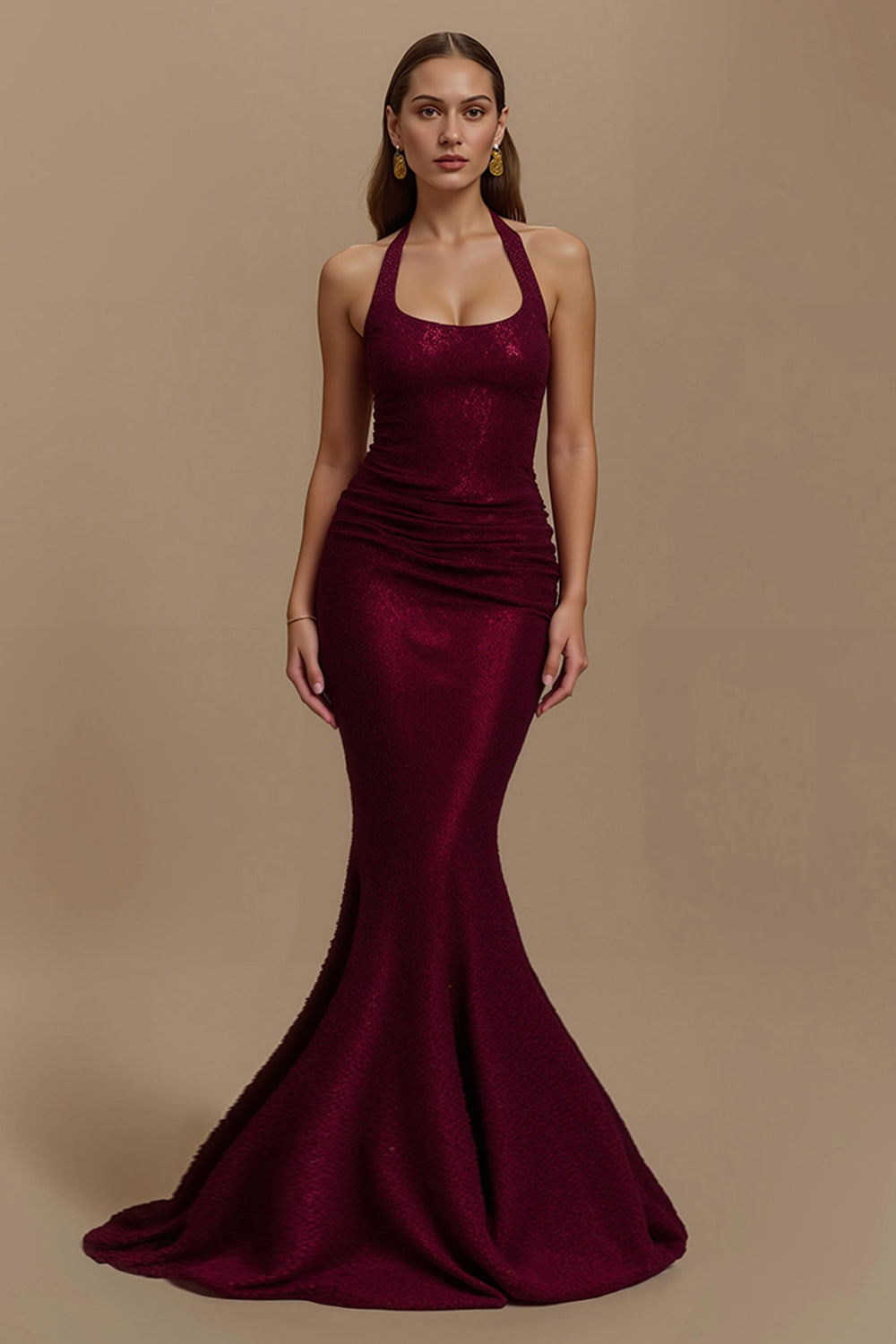 Burgundy Halter Sequin Mermaid Long Formal Dress