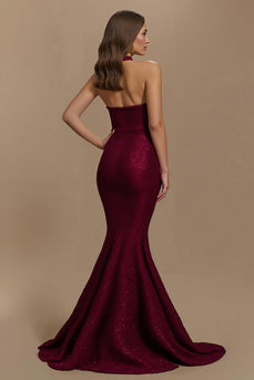 Burgundy Halter Sequin Mermaid Long Formal Dress