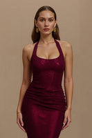 Load image into Gallery viewer, Burgundy Halter Sequin Mermaid Long Formal Dress