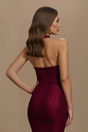 Burgundy Halter Sequin Mermaid Long Formal Dress
