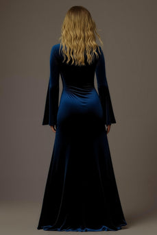 Royal Blue V-Neck Velvet Sheath Long Formal Dress