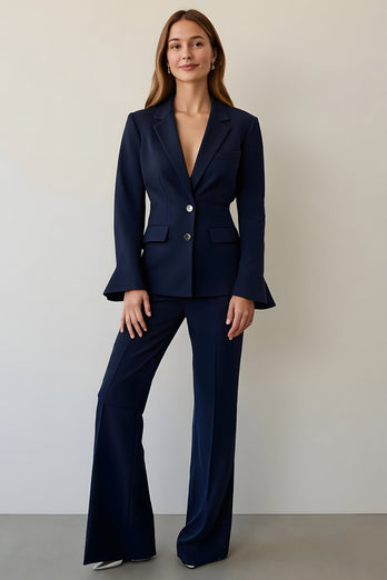 Navy Notched Lapel 2 Piece Single Breasted Prom Pant Suits