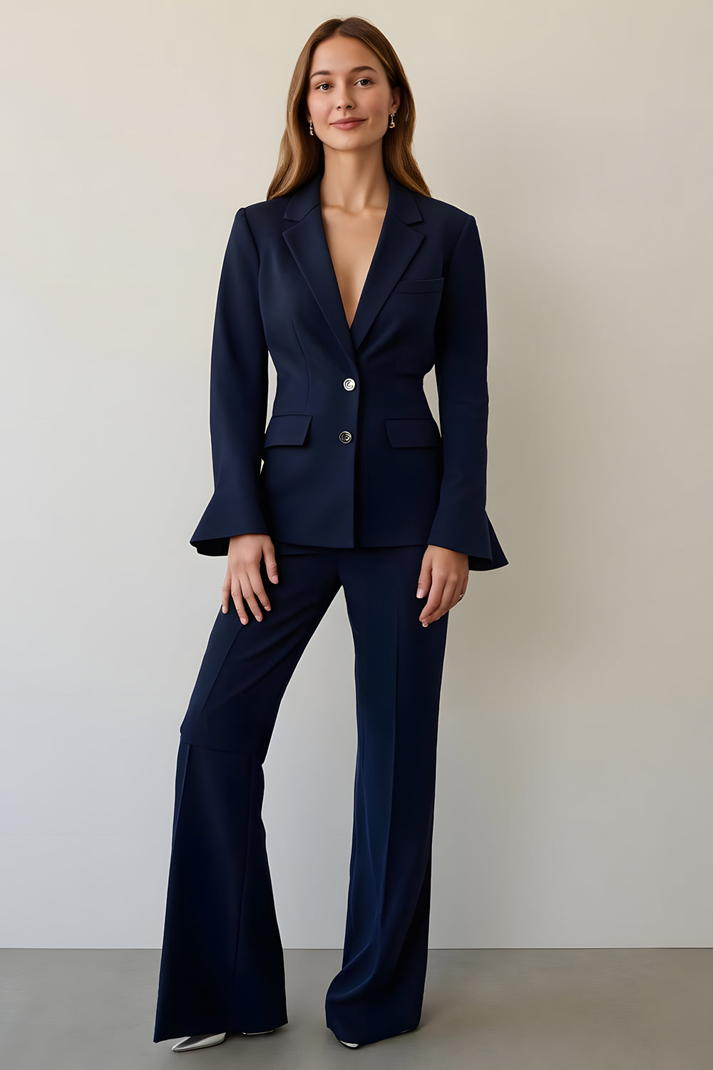 Navy Notched Lapel 2 Piece Single Breasted Prom Pant Suits