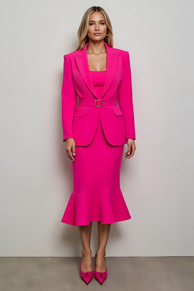 Fuchsia 2 Piece Peak Lapel Midi Women Prom Skirt Suits with Belt