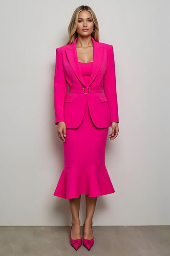 Fuchsia 2 Piece Peak Lapel Midi Women Prom Skirt Suits with Belt
