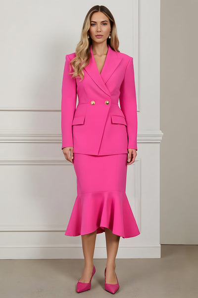 Fuchsia Peak Lapel 2 Piece Mermaid Midi Women Prom Skirt Suits
