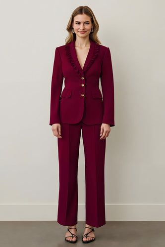 Burgundy Shawl Lapel 2 Piece Women Prom Suits with Ruffles