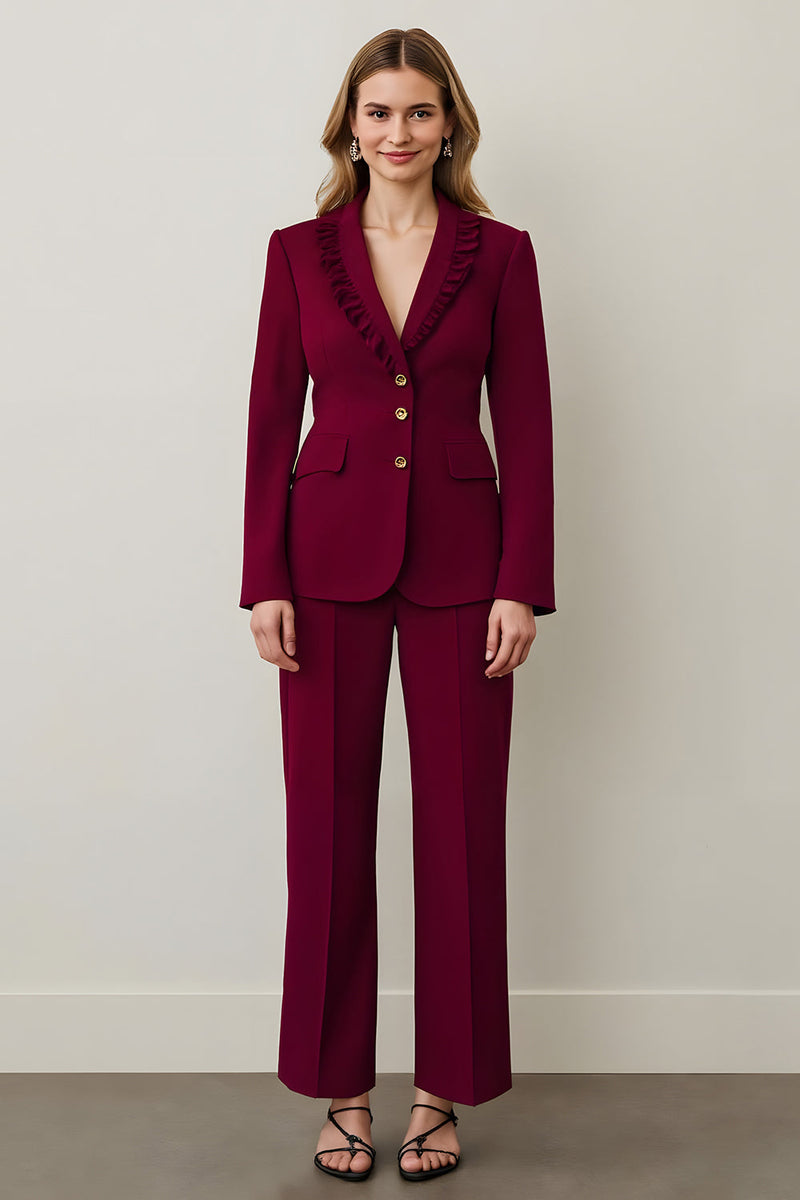 Load image into Gallery viewer, Burgundy Shawl Lapel 2 Piece Women Prom Suits with Ruffles