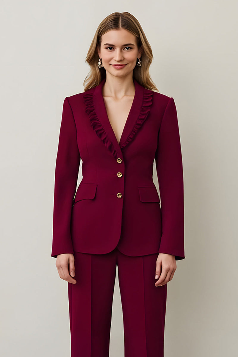Load image into Gallery viewer, Burgundy Shawl Lapel 2 Piece Women Prom Suits with Ruffles
